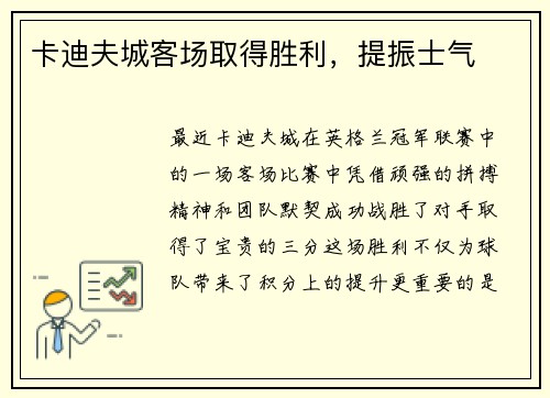 卡迪夫城客场取得胜利，提振士气