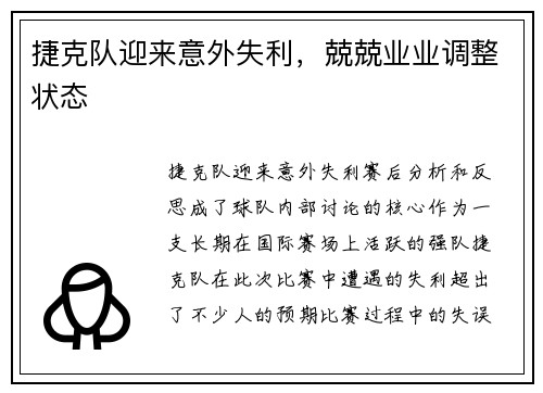 捷克队迎来意外失利，兢兢业业调整状态