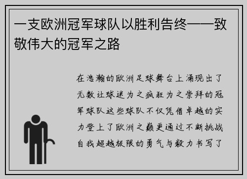 一支欧洲冠军球队以胜利告终——致敬伟大的冠军之路