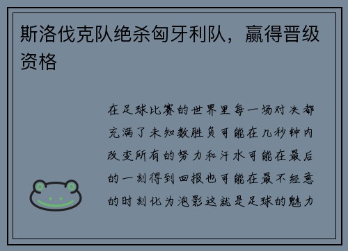 斯洛伐克队绝杀匈牙利队，赢得晋级资格