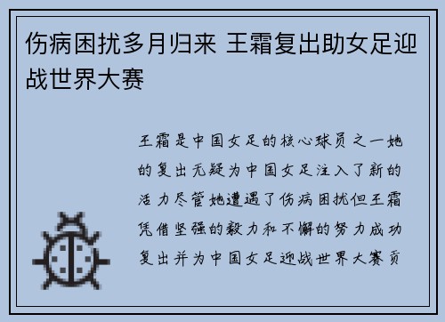 伤病困扰多月归来 王霜复出助女足迎战世界大赛