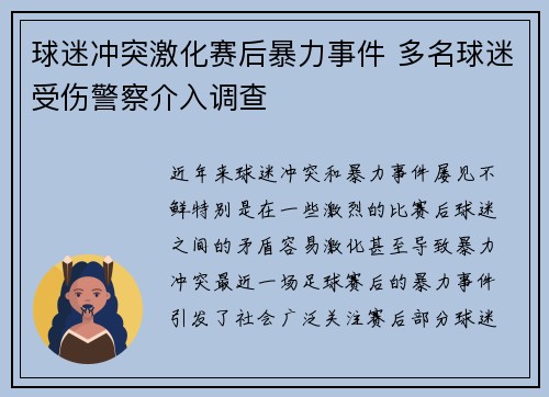 球迷冲突激化赛后暴力事件 多名球迷受伤警察介入调查
